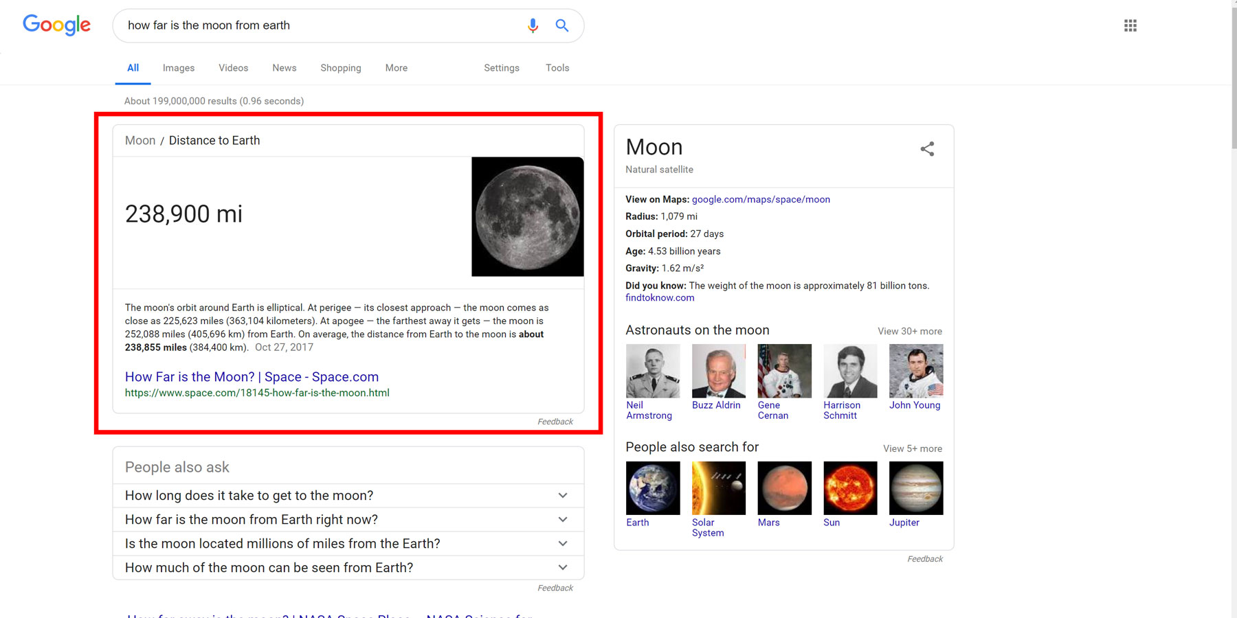 Google card - how far is the moon