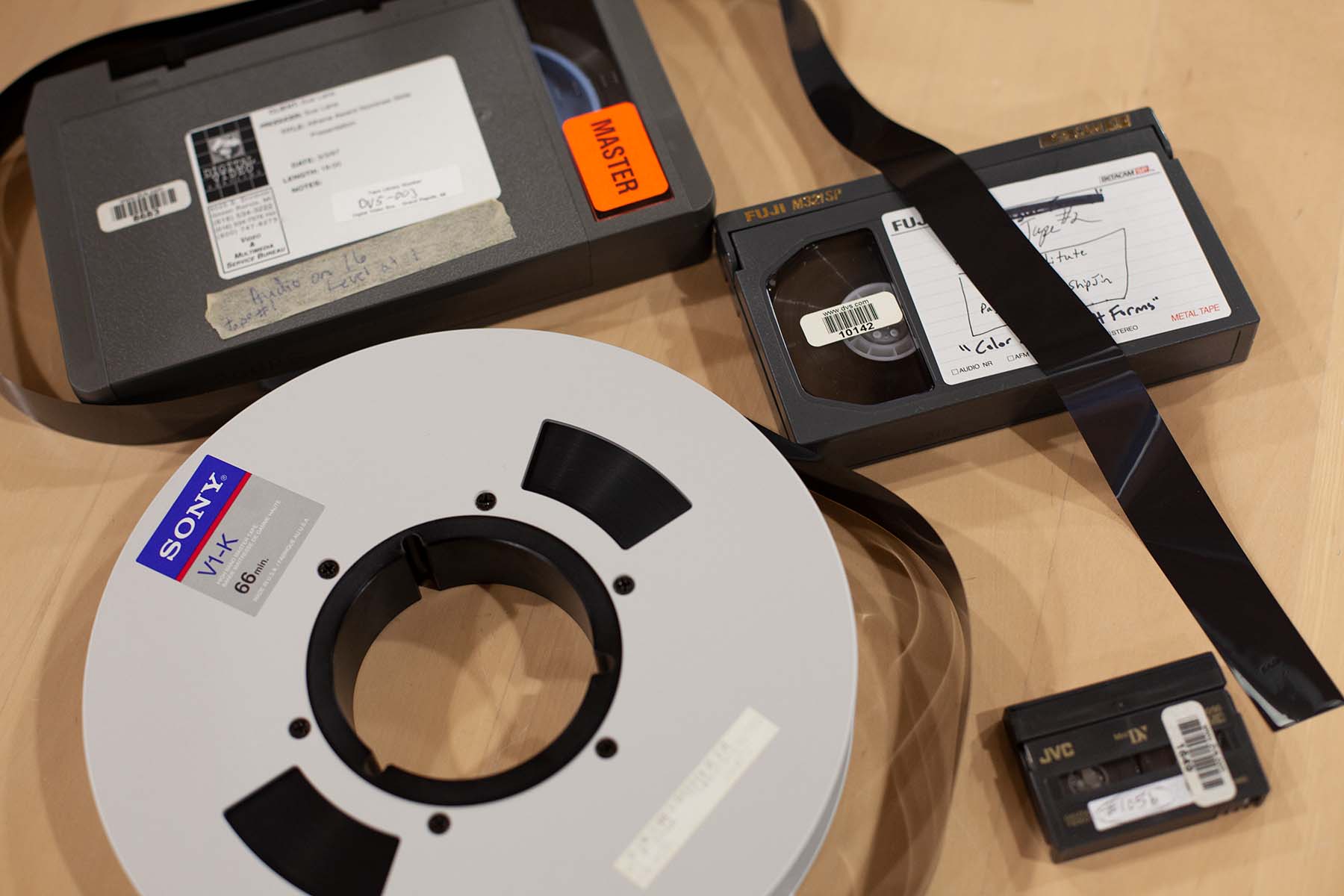 overhead shot of various audio visual tapes